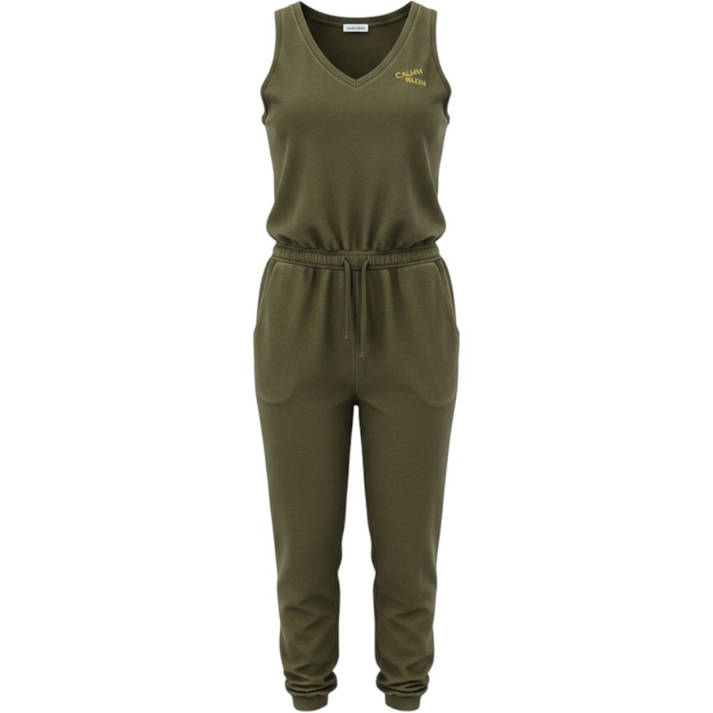 Calvin Klein Womens‎ XL Olive Green Sleeveless V-Neck Drawstring Waist Jumpsuit